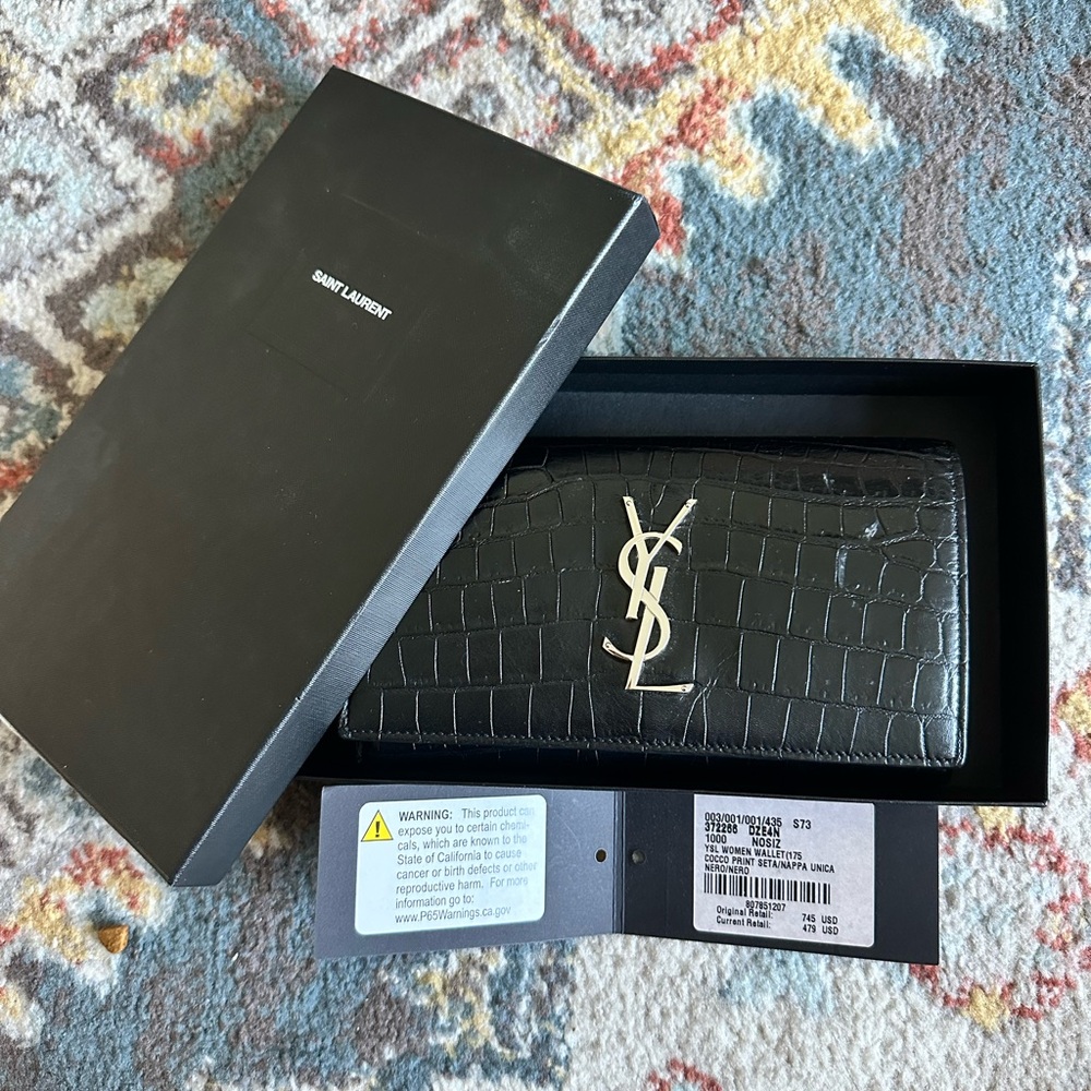 YSL Black Crocodile Print Leather Wallet